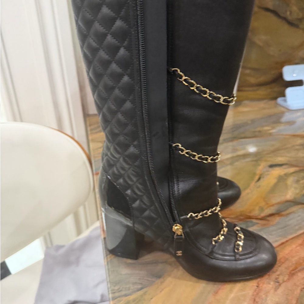 CHANEL Black Quilted Heeled Boots with Gold Accents- 37.5 - Picture 9 of 15